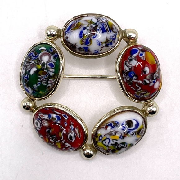 Millifiori Style Glass Cabochon Circle Pin Brooch - Picture 1 of 9